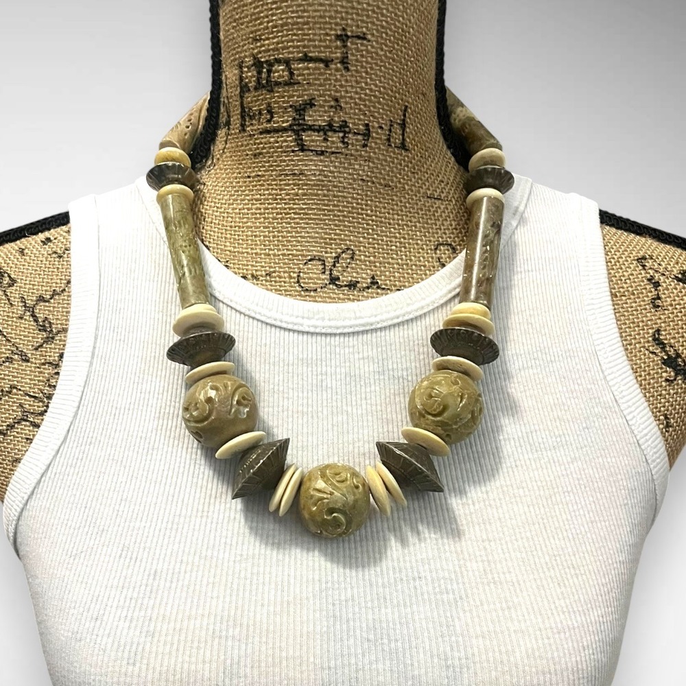 Vintage Artisan Chunky Boho‎ Carved Soapstone, Bone, and Metal Bead Necklace